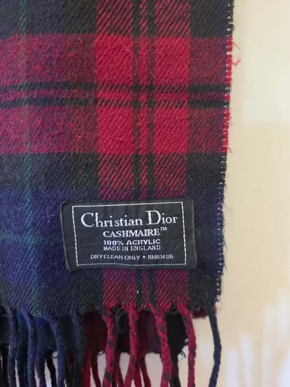 Vintage Christian Dior Cashmaire Acrylic Plaid Scarf England Red Black Tartan